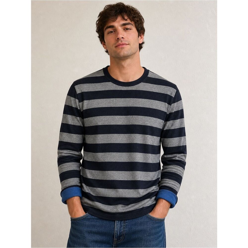 Banana Republic Luxury Blend Navy & Gray Striped Sweater Cashmere Silk XL Mens